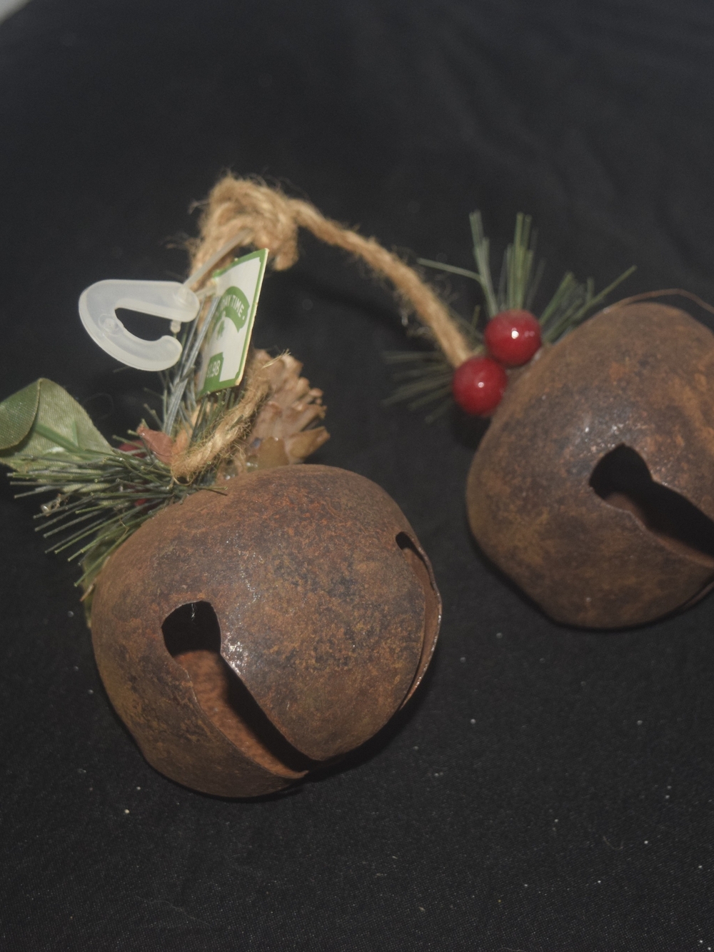 Holiday Time Rusted Bell Ornament Pair with Green Pine and Red Berries